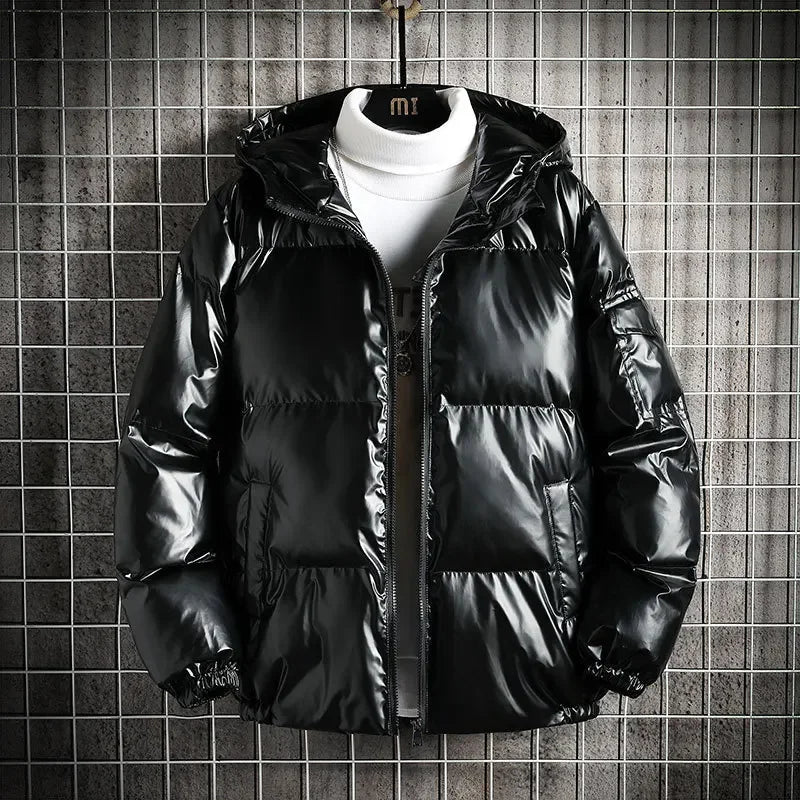Men's Shiny Cotton-padded Short Hooded Coat Loose-fit Trendy Padded Jacket Stylish Cotton Coat