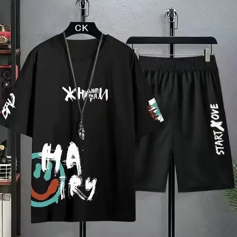 Set for Men T shirt Men's Summer Leisure Suit Trend Printing Short Sleeve T-shirt Plus Size Shorts Outdoor Two-piece Suit