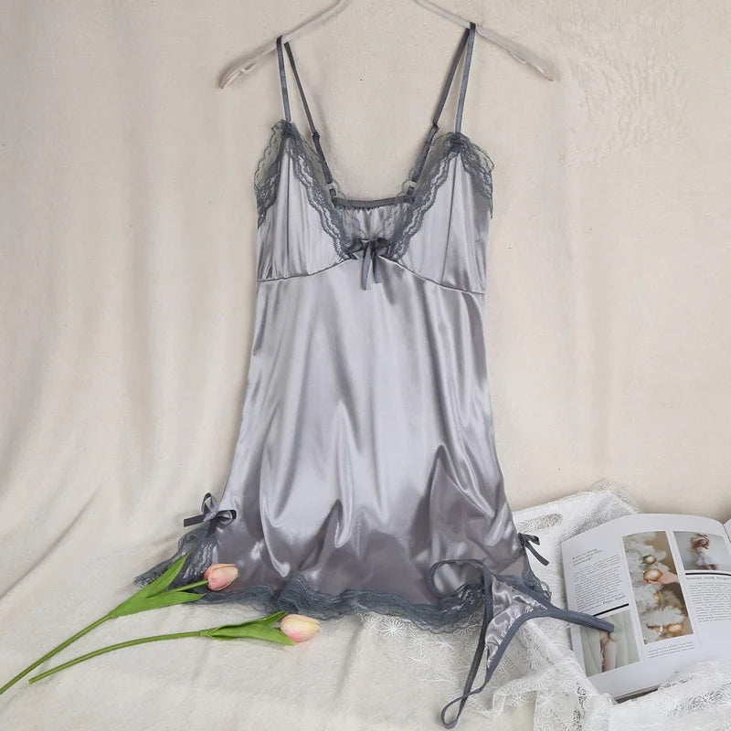 Women's Satin Nightgowns Silk Slip Lingerie Sleepwear Sexy V Neck Strap Solid Color Nightshirt