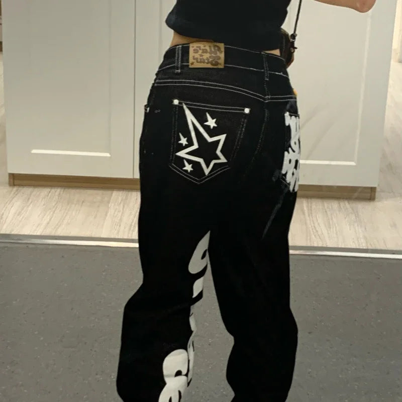 Letter Print Baggy Jeans Women High Street Vintage Hip Hop High Waisted Jeans Woman Casual Straight Wide Leg Women Jeans