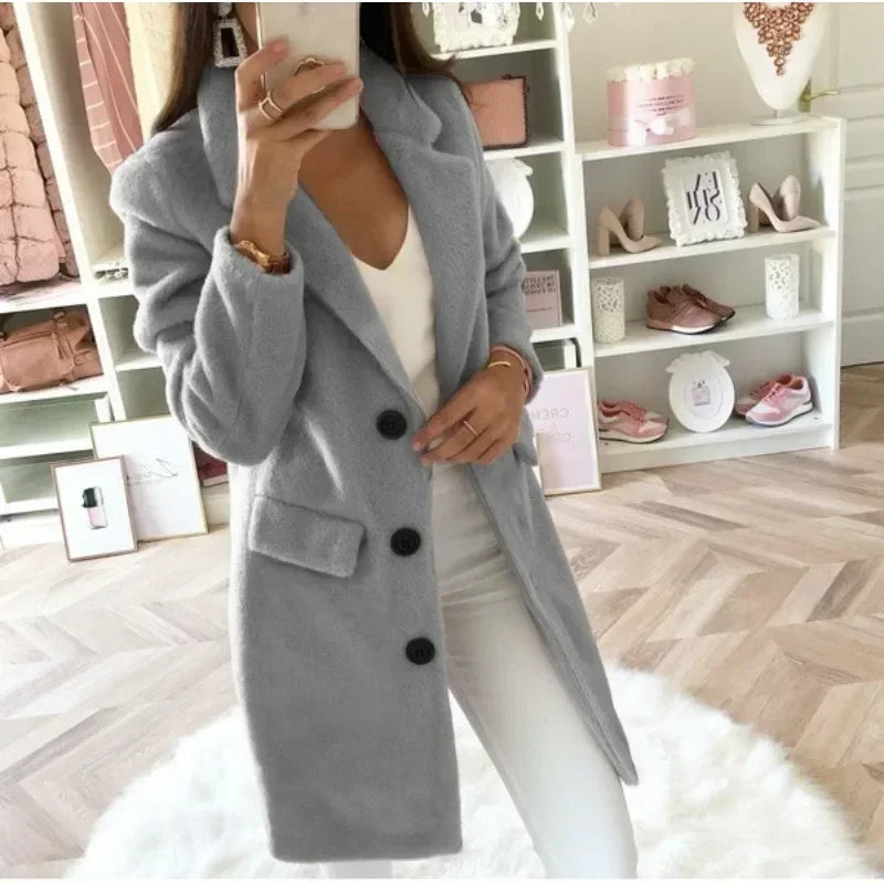 Women's Autumn Commuter Coat Suit Collar Medium Length Fashion Double Breasted Solid Color Woolen Coat Elegant Women's Coat