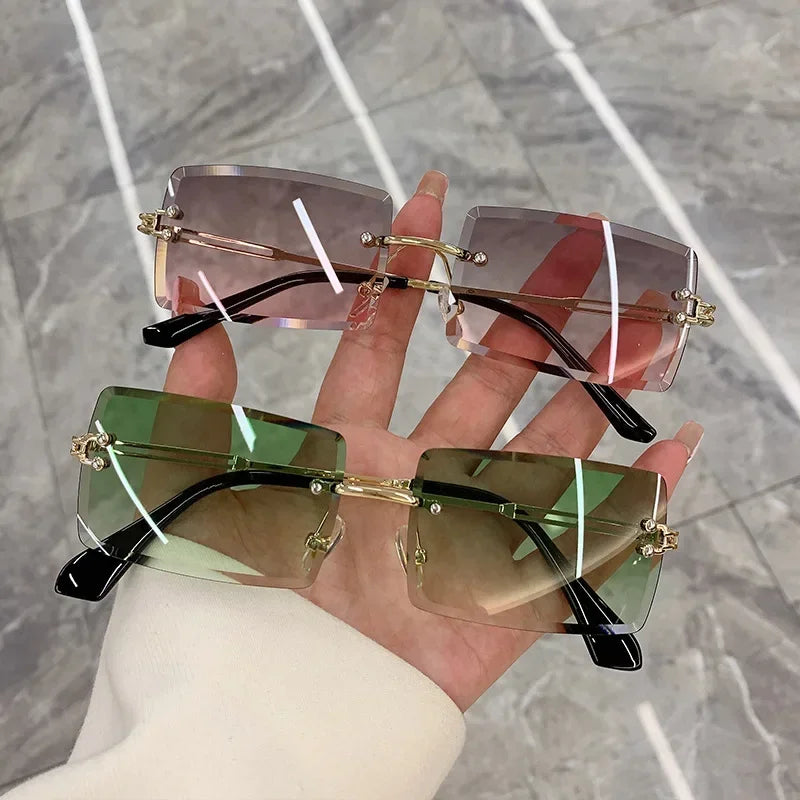 Vintage Fashion 2024 New Sunglasses Rimless Frameless Rectangle Shades Gradient UV400 Summer Traveling Sun Glasses for Women