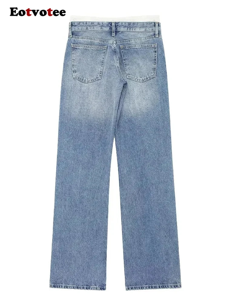 EOTVOTEE Streetwear Fashion Blue Lace Up Pockets Jeans Women Casual Mid Waist Straight Leg Pants Y2k 2024 New All Season Jeans
