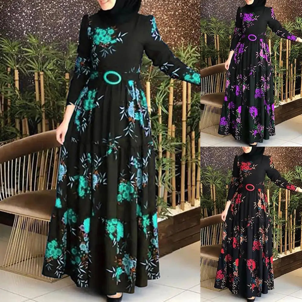 Dress Women Long Sleeve Muslim Abaya Ethnic Floral Print Belt Maxi Kaftan Robe