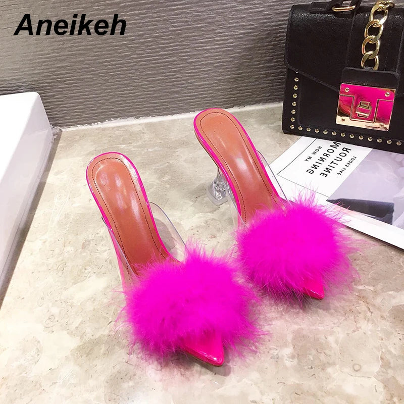Aneikeh Summer Fashion Feather Peep Toe Mules Sandals Pumps Woman PVC Transparent Perspex Crystal High Heels Lady Slides Shoes
