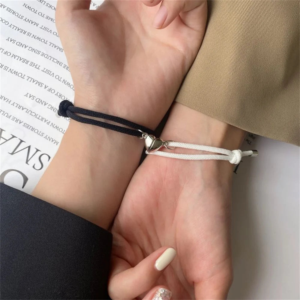 Simple Cotton Rope Couple Bracelet Trend Magnet Black and White Heart Bracelet Set Women's Gift Jewelry