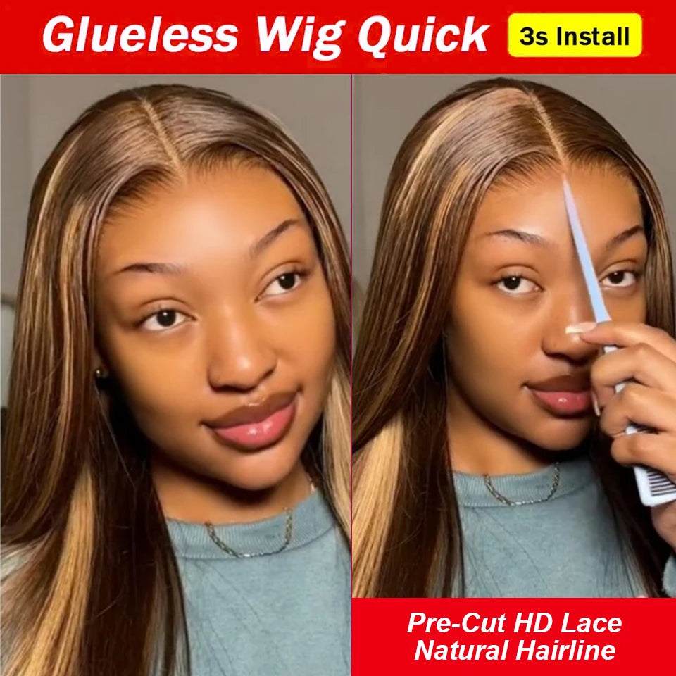 Highlight Glueless Wig Human Hair Ready To Wear And Go Preplucked Straight Ombre Colored HD Lace Wigs For Women 100% Human Hair