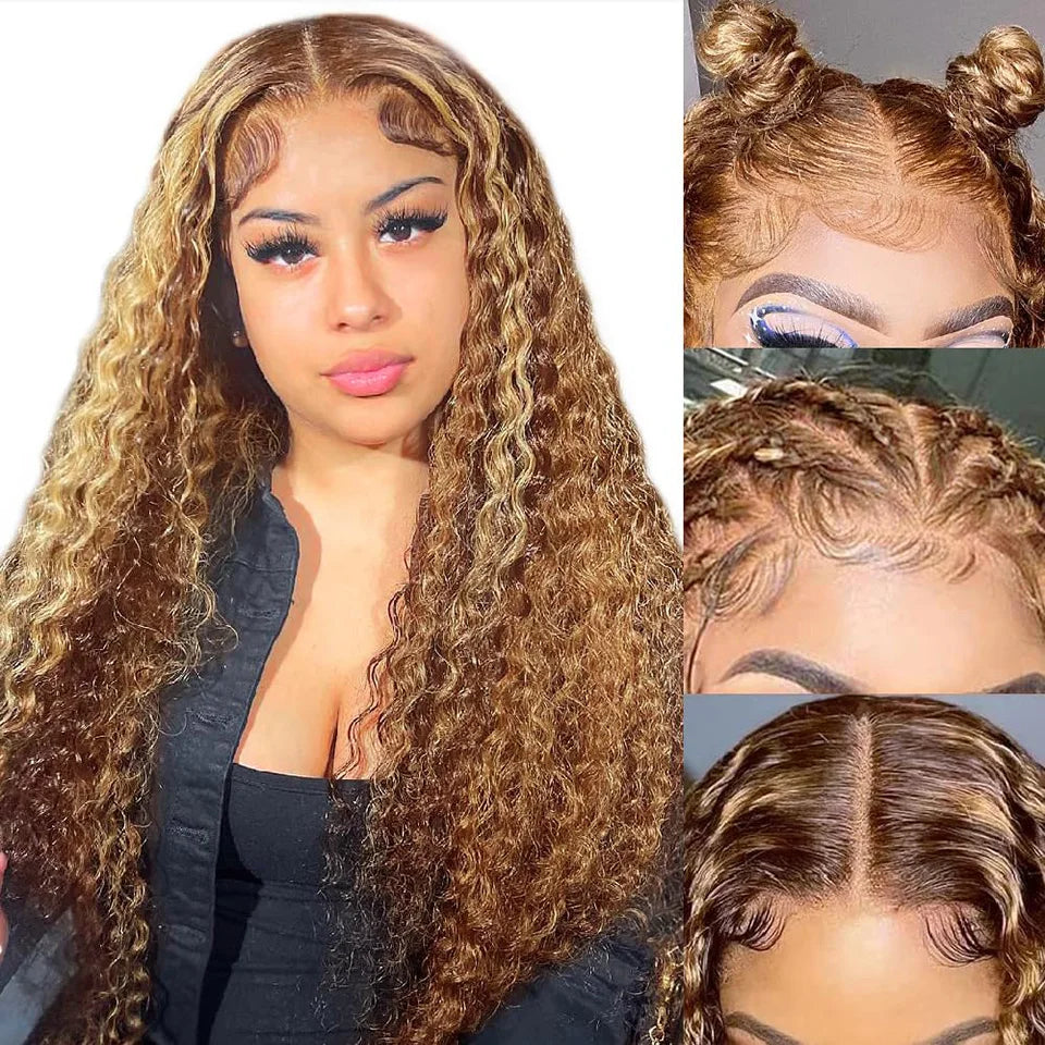 Highlight Ombre Lace Front Wig Human Hair Curly Wigs Brazilian Honey Blonde Kinky Curly Wigs PrePlucked For Women HD Lace Wigs