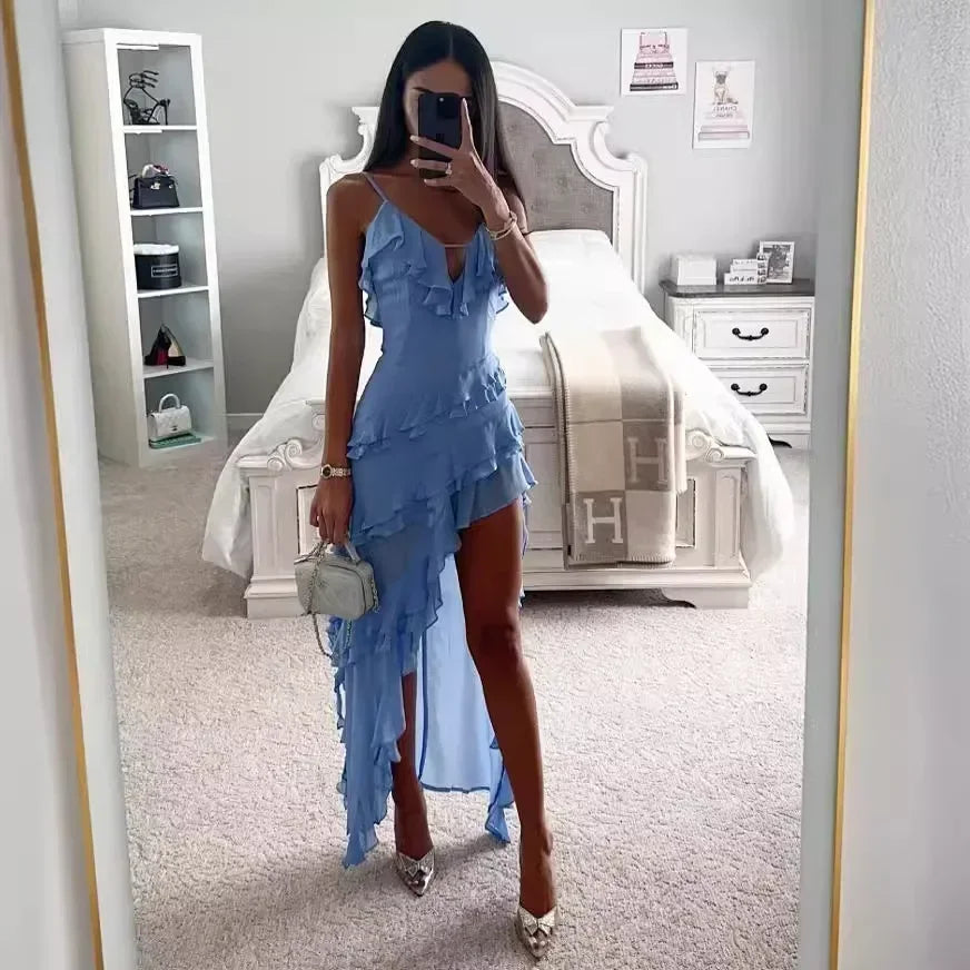 2024 Summer Women Long Dress Blue Solid V-neck Backless Irregular Sexy Slip Dresses Female Fashion Holiday Beach Clothes Ladies