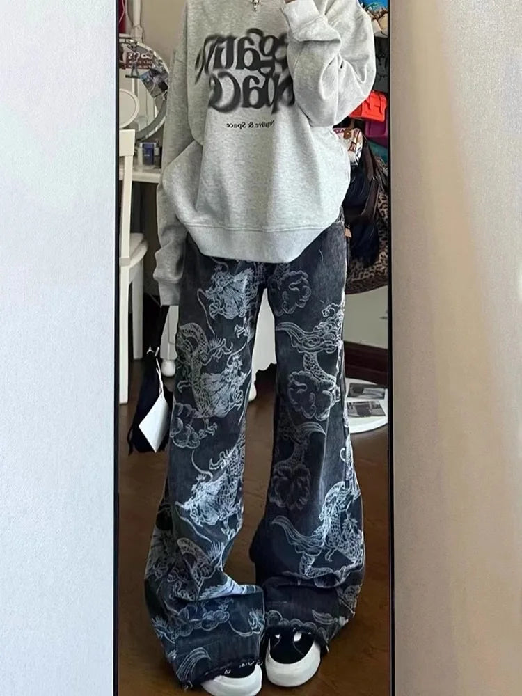 Women Black Gothic Dragon Print Jeans Baggy Vintage Aesthetic Cowboy Pants Harajuku Denim Trousers Y2k Trashy 2000s Clothes 2024