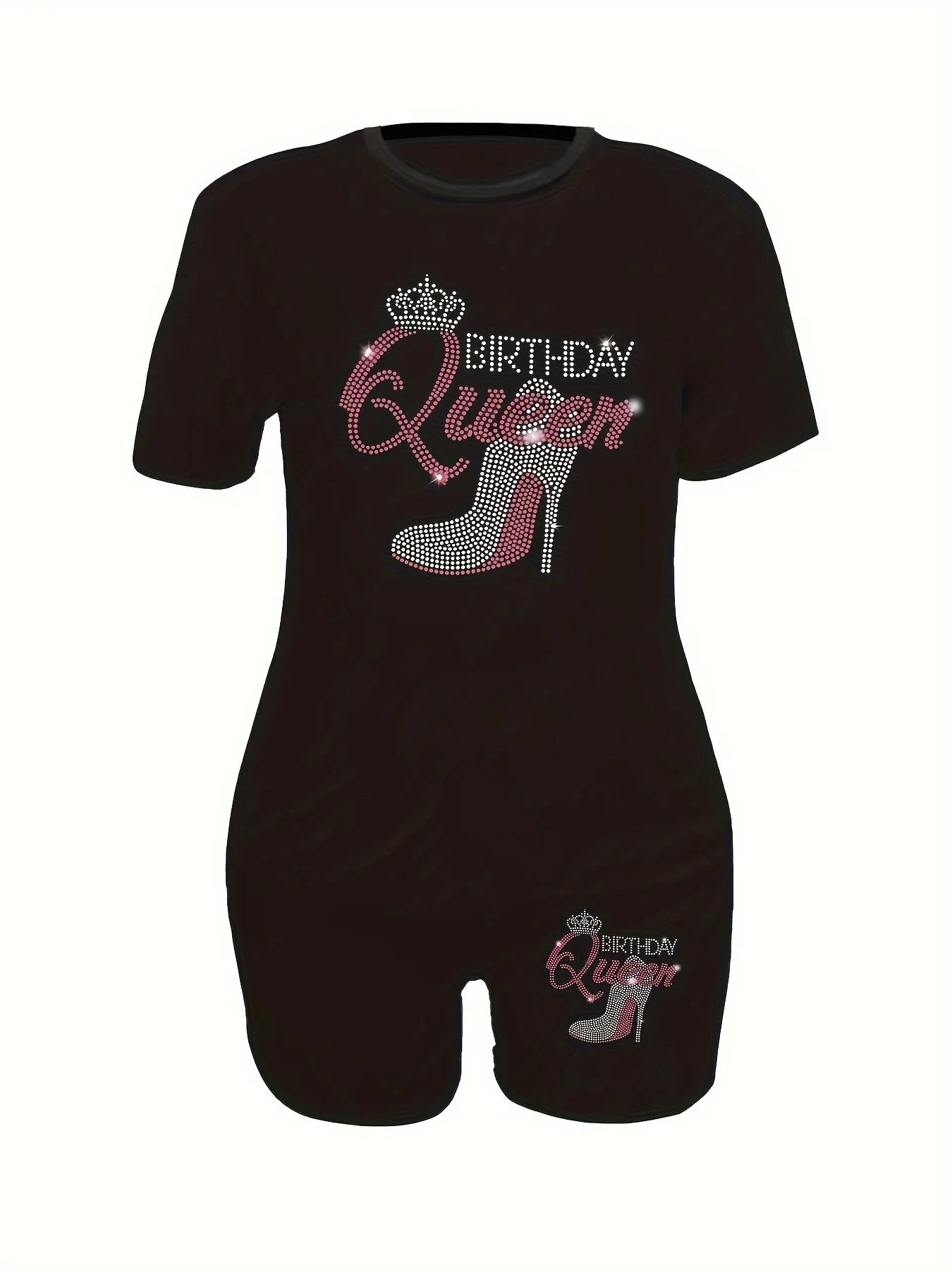 Birthday Queen T-Shirt And Shorts Set, Short Sleeve Comfort Fit, Party Wear, Women's Plus Size Sporty Casual Outfit 2 pieces set