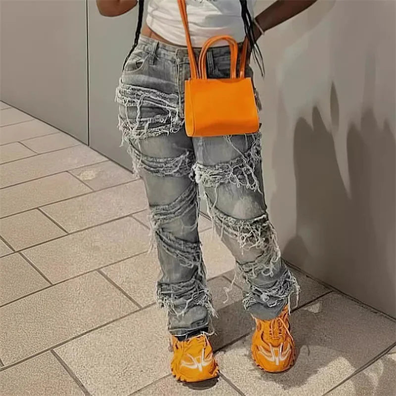 y2k Clothes Streetwear Jeans Tassel Pants Women 2024 Casual High Waist Design denim Blue Fashion Baggy Design Trousers Pants