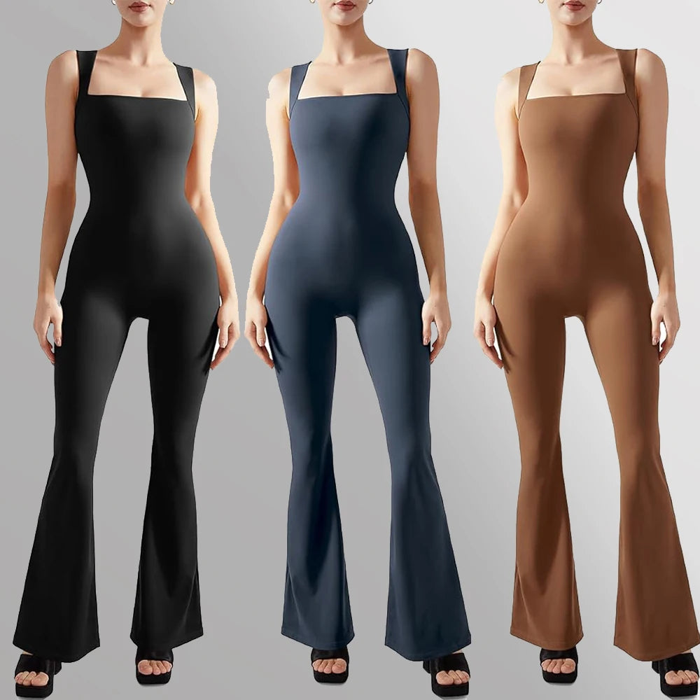 Women's Sleeveless Bodysuit Flared Pants Square Neck Full Seasons Casual Fitness Playsuit Sleeveless Streewear Jumpsuits Lady