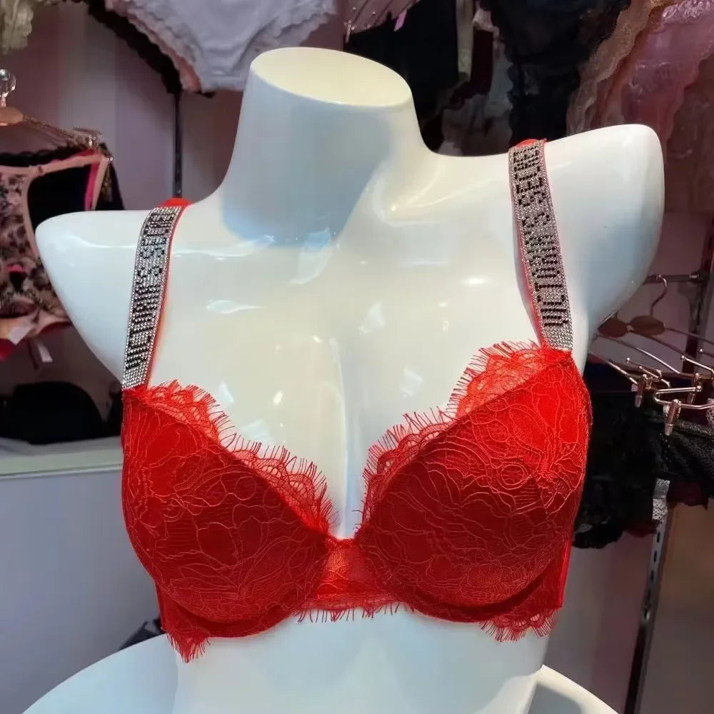 Victoria's Secret Sexy Women Underwear Lingerie Set 2 Piece Push Up Bras and Panty Summer Lace Rhinestone Letter Brand Design