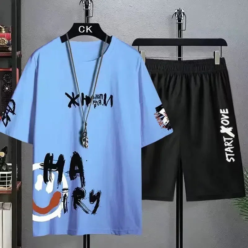 Set for Men T shirt Men's Summer Leisure Suit Trend Printing Short Sleeve T-shirt Plus Size Shorts Outdoor Two-piece Suit
