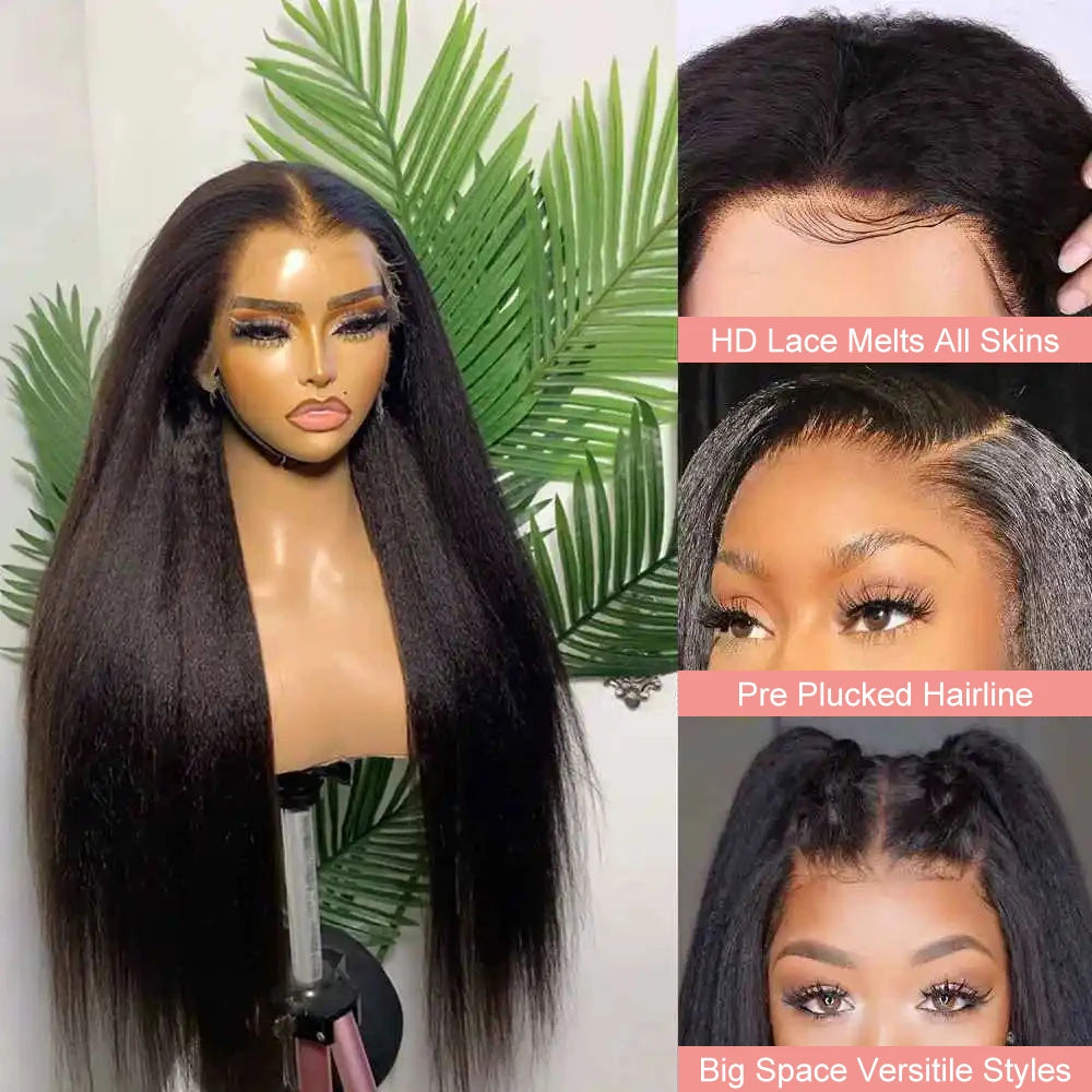 Kinky Straight 13x4 Lace Frontal Wigs Yaki Straight Lace Front Human Hair Wigs Brazilian PrePlucked 360 Full Lace Wigs For Women