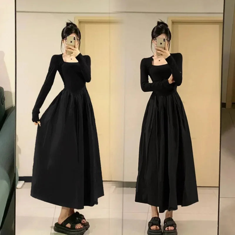 Hebon Black Long Sleeve Fitted Dress Elegant Women's Medium-length Skirt Slimming Style For Autumn/winter New Arrival