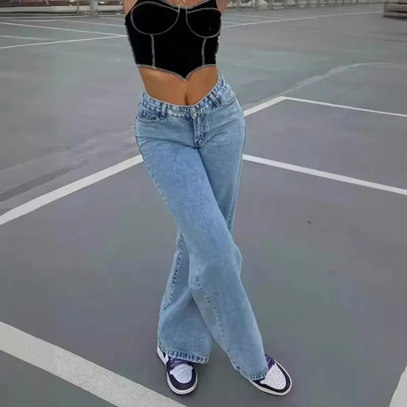 Women Ankle Length Denim Pants Wide Leg Jean Washed High Waist Jeans Solid Pockets Loose Fit Zipper Fly Distressed Casual