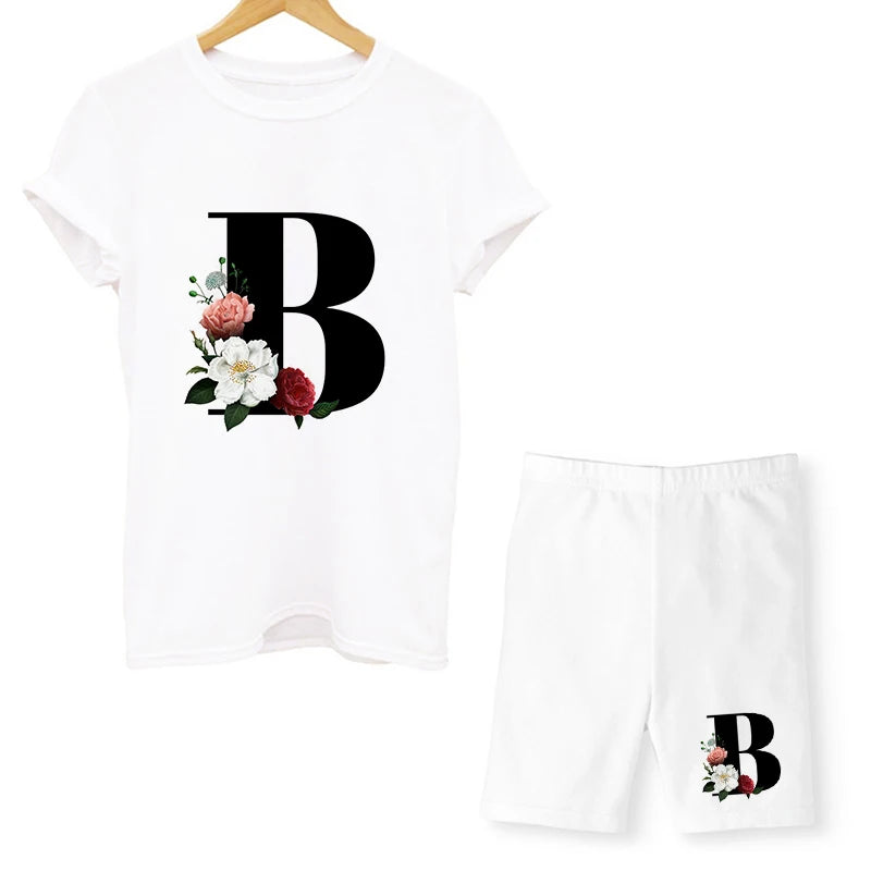 Summer Two Piece Sets Women Letter Printed T Shirts+Shorts Ensemble Femme Short Sleeve O-Neck Casual Biker Joggers Sexy Outfit