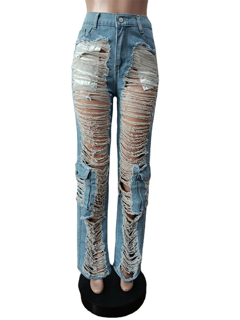 Trend Hollow Out Broken Holes Jeans Women Fashion Leg Patchwork Pocket Denim Pants Female High Waist Trousers Casual Streetwear