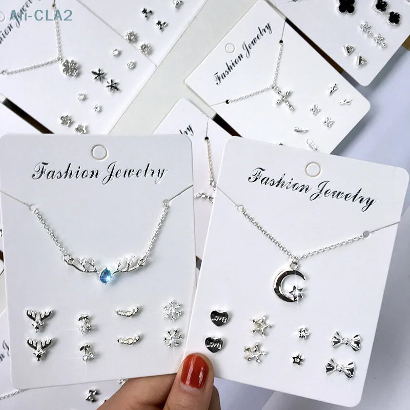 Korean Trendy Zircon Pendant Necklace with 4 Pairs Stud Earrings Fashion Jewelry Set Simple Silver Color Clavicle Chain Ear Stud