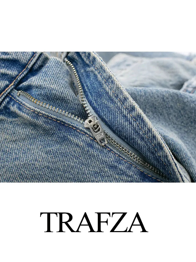TRAFZA 2024 Women's Summer Casual Denim Blue Street Trousers Chic High Waisted Hole Decoration Women's Loose Pocket Jeans Y2K