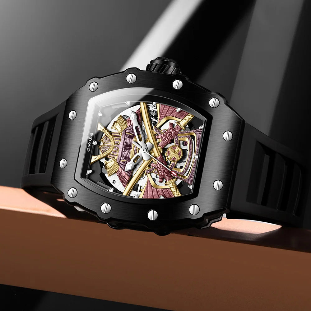 ONOLA Automatic Movement Mechanical Watches for Men Fashion Black-warrior Hollow High Quality Waterproof Mens Watch Reloj Hombre
