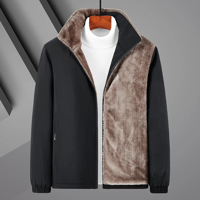 New Winter Warm Fleece Jacket Men's Business Casual Thick fleece-lined Short Parka Brand Middle-aged Solid Color Cold-proof Coat