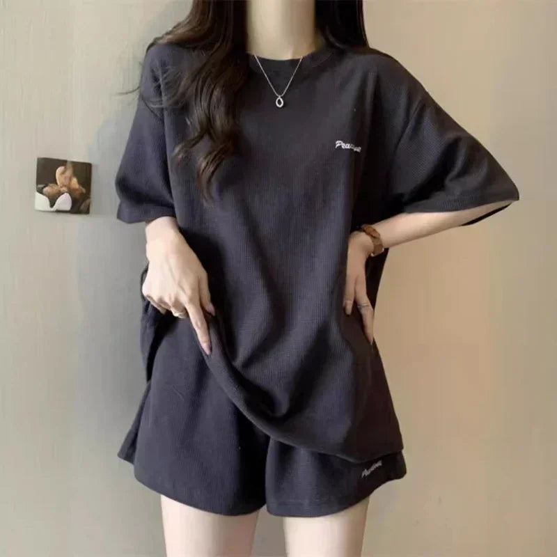 Simple Casual High Waisted Short Summer Women's Suit Loose Short Sleeve Shorts Sets Fashion Versatile Embroidery Two Piece Set