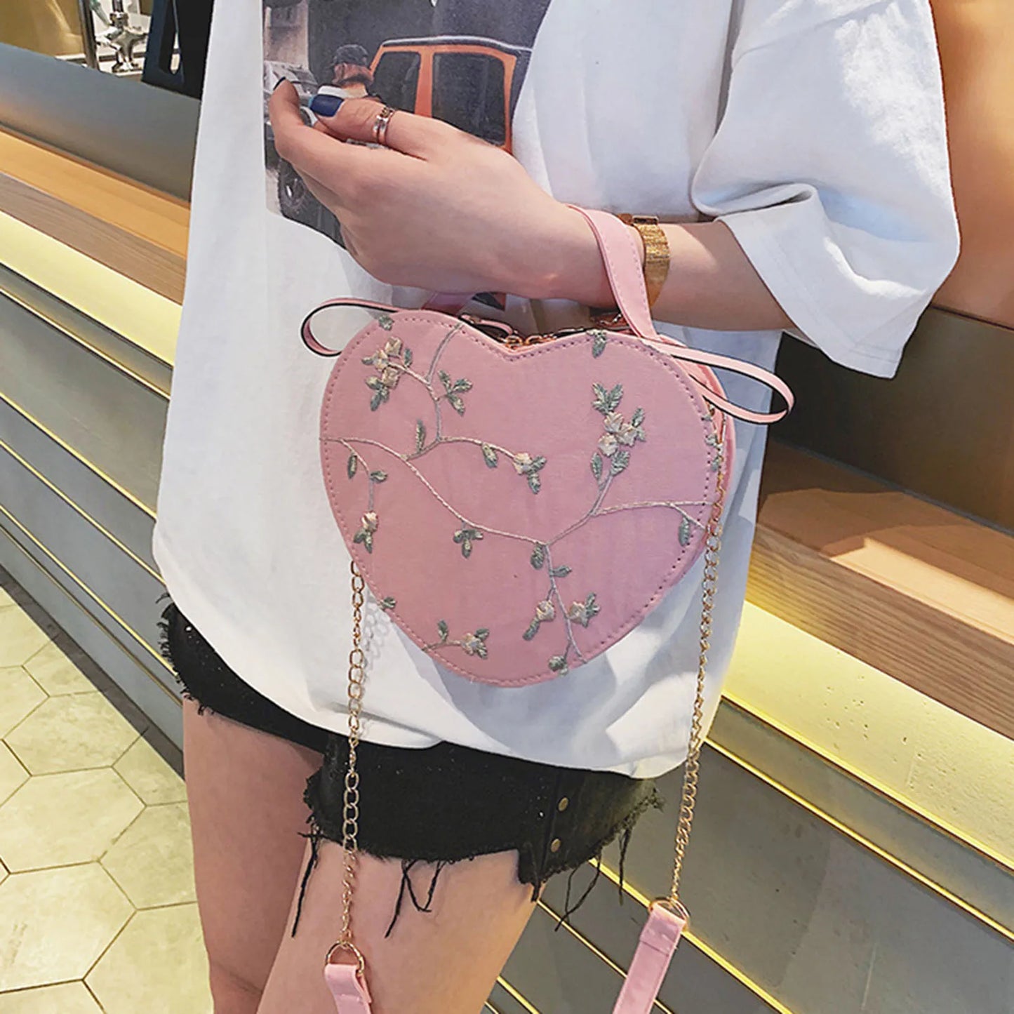 Fashion Girls Love Heart Shape Shoulder Bag Small Handbags Flower Designer Crossbody Bags For Women Pu Leather Top Handle Bag