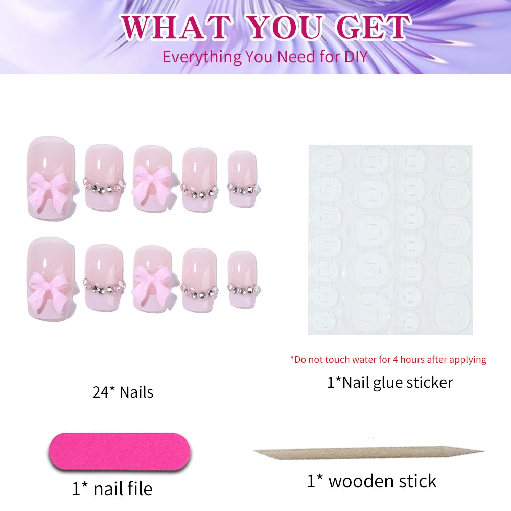 24pcs short-and medium-length false nails square nail , pink bow and sticky diamond design press on nails, suitable for women