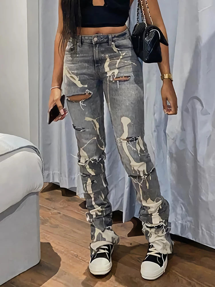 Sifreyr Casual Ripped Hole Jeans Women Fashion Gray Print High Waist Denim Skinny Trousers Streetwear Bottoms Y2K Stacked Pants