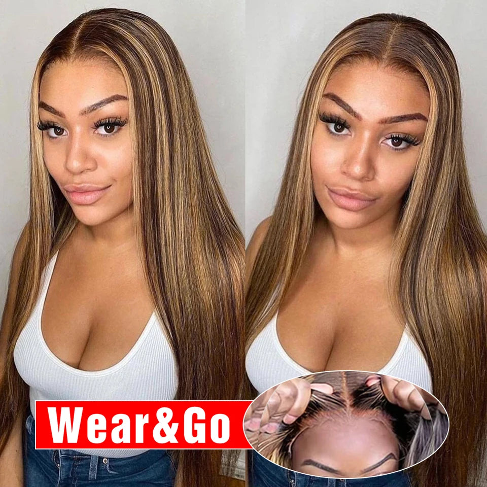 Highlight Glueless Wig Human Hair Ready To Wear And Go Preplucked Straight Ombre Colored HD Lace Wigs For Women 100% Human Hair