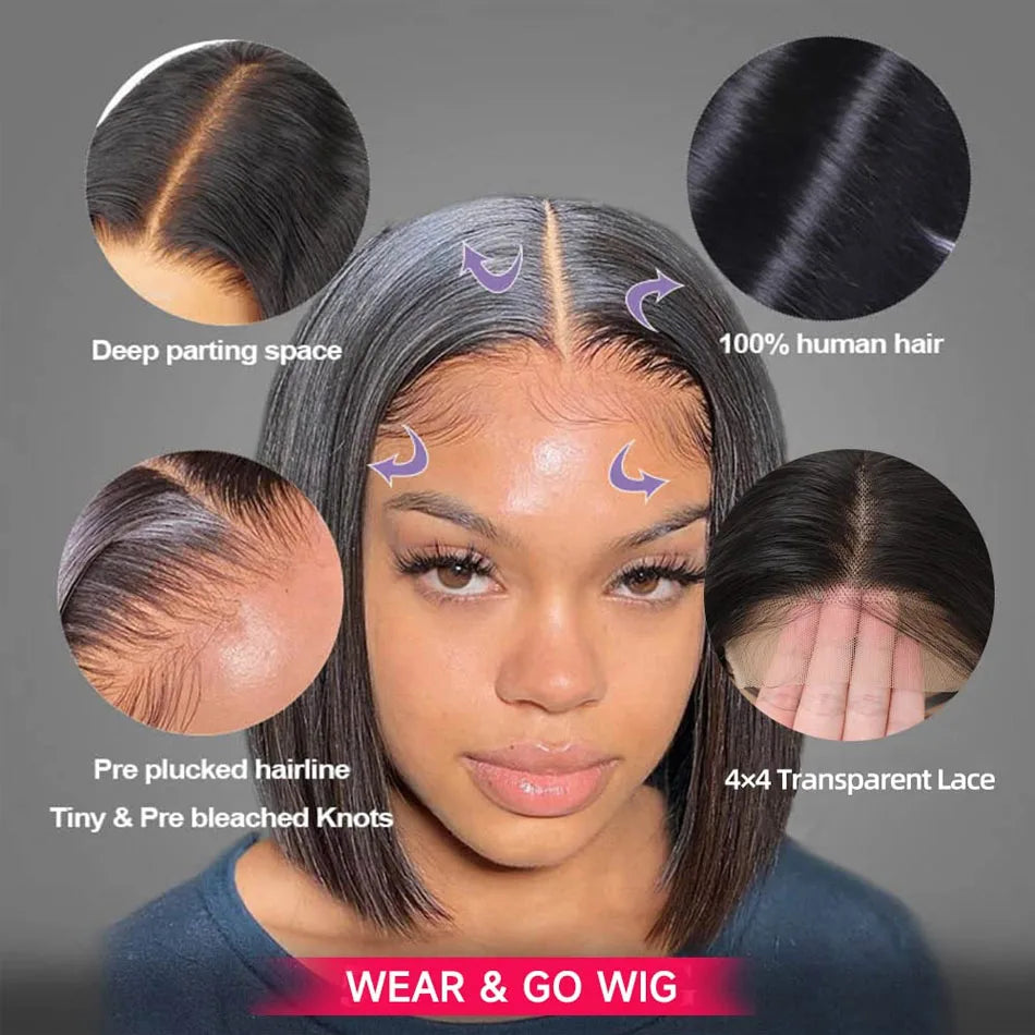 13x4 Glueless Bone Straight Bob Wig Lace Front Human Hair Wigs For Women HD Transparent Full Lace Frontal Wig Ready To Go 180%