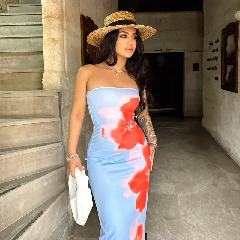 Sexy Strapless Print Tube Maxi Dress Women Off Shoulder Backless Stretch Long Sundress 2024 Summer New Beach Y2K Clothes