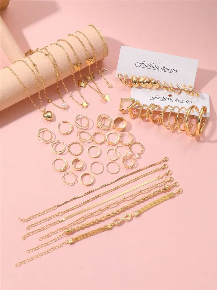 46 Pieces Gold Color Butterfly Star Chain Heart Pearl Ring Infinity Bracelets Hoop Earrings Silver Color Fashion Jewelry Set