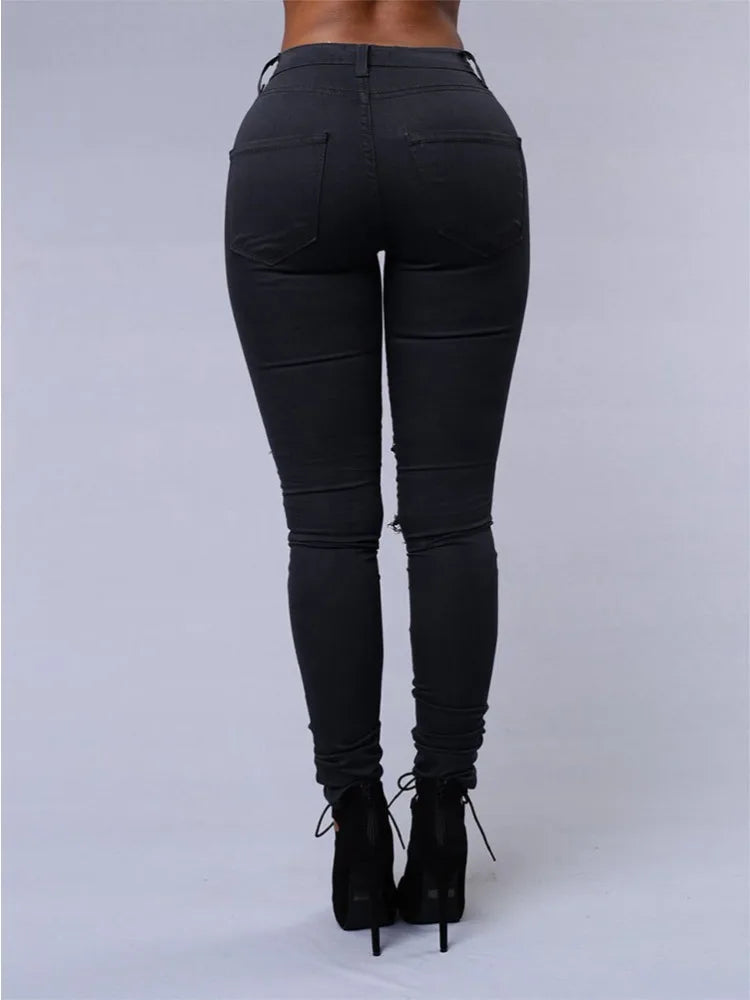 Fashionable Women's Versatile Solid Color Jeans European and American Holed Jeans Minimalist Slim Fit Pencil Pants