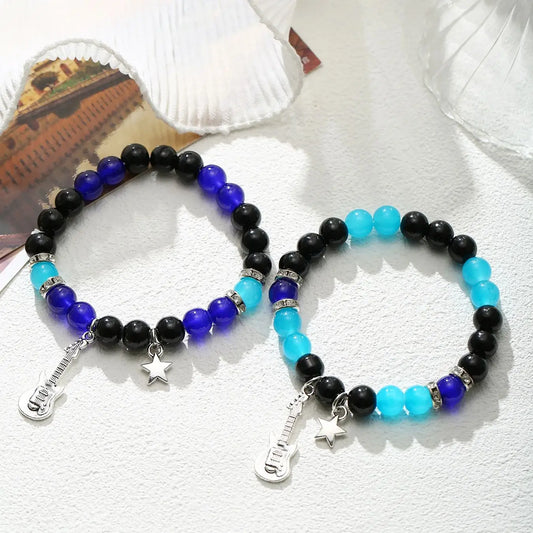 2 Pcs Blue and Black Beads Guitar Pendant Couple's Bracelets Bff Trendy Jewelry Gifts