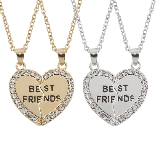 Unisex New 2 Pcs Heart Shape Best Friends Couple Necklaces Crystal Bff Friendship Forever Charm Jewelry For Girls Gifts