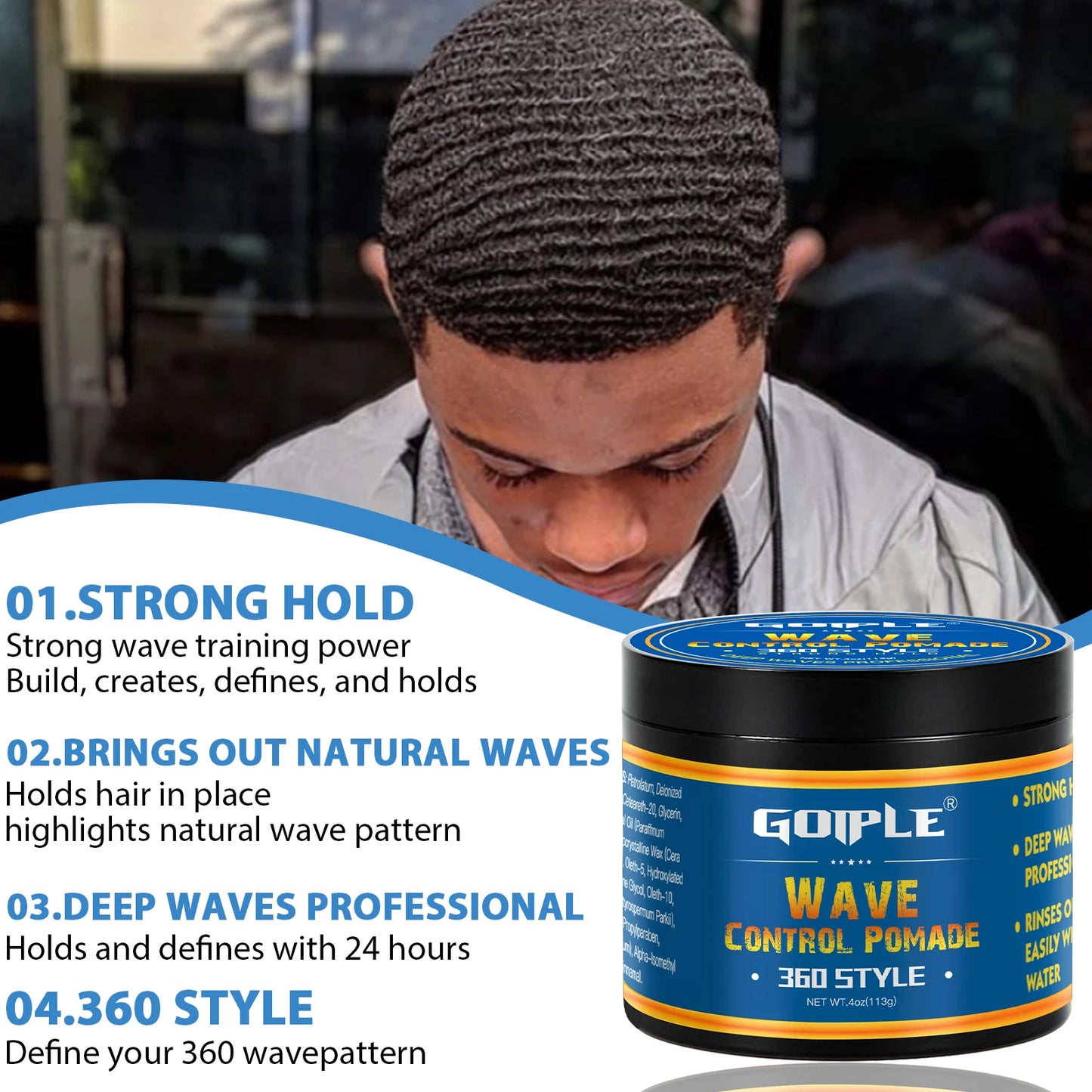 GOIPLE Wave Pomade 360 Style for Black Men Wavy Grease Clay Strong Hold Sport Waves Styling Wax Frizz Control Gel Add Hair Shine