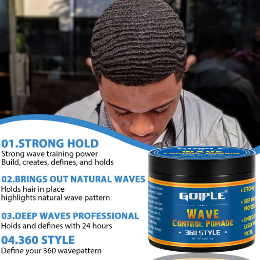 GOIPLE Wave Pomade 360 Style for Black Men Wavy Grease Clay Strong Hold Sport Waves Styling Wax Frizz Control Gel Add Hair Shine