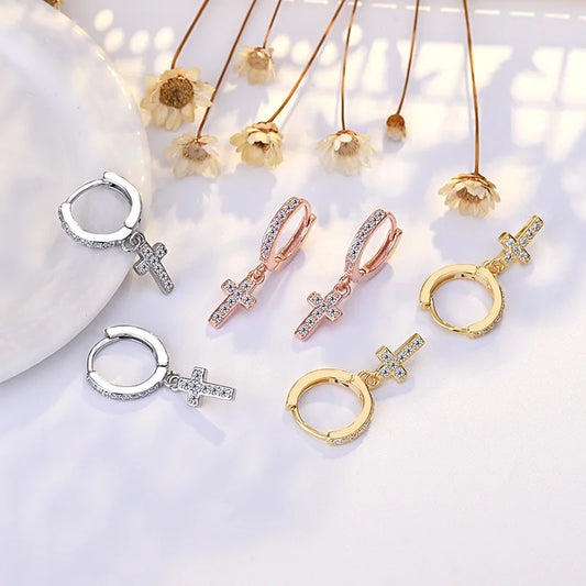 925 Sterling Silver Cross Stud Earrings AAA Zircon High Quality For Women's Wedding Fine Jewelry Accessories  Party Gift