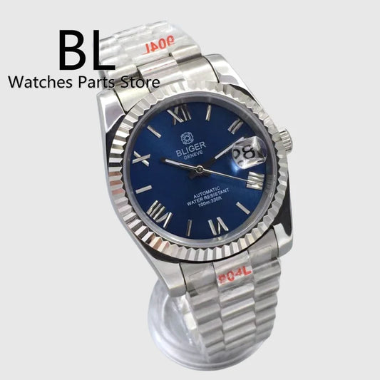 BLIGER 36mm/39mm Automatic Watch For Men NH35 Mingzhu Miyota PT5000 Movement Fluted Bezel Sapphier Glass Blue Dial  Jubile