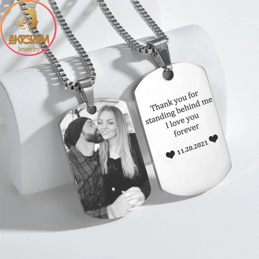 Akizoom Engrave Name Photo Necklace Box Chain Stainless Steel Customized Picture Drawing Pendant for Women Family Jewelry Gift