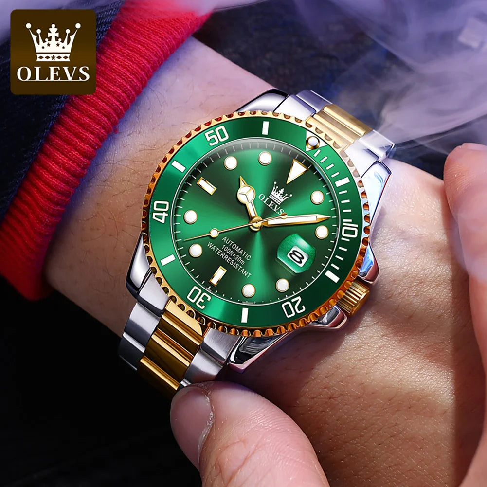 OLEVS Automatic Movement Mechanical Men Watch Green Water Ghost Man Wristwatch Waterproof Stainless Steel Men's Watches Luxury