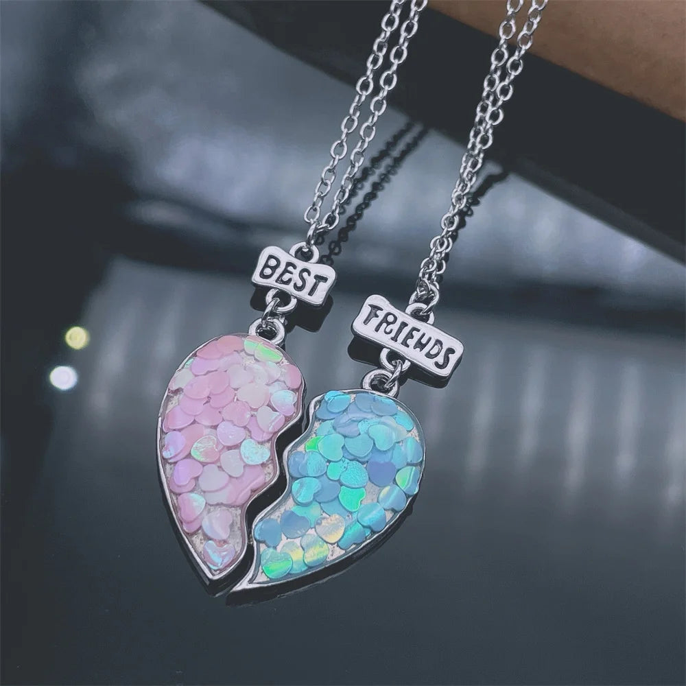 2 Pcs/Set Best Friends Necklaces For Women Sequin Heart Broken Stitching Pendant Chain For Men BFF Friendship Jewelry Gifts