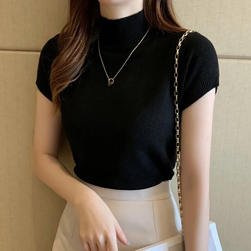 Women's Solid Half Turtleneck Bottoming Knit Pullovers Fashion Slim Fit Short Sleeve Knitted Sweater Autumn All-match Inner Wear