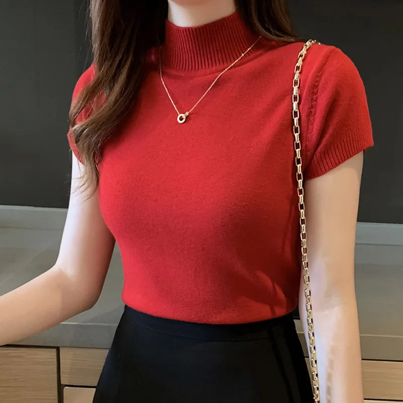Women's Solid Half Turtleneck Bottoming Knit Pullovers Fashion Slim Fit Short Sleeve Knitted Sweater Autumn All-match Inner Wear