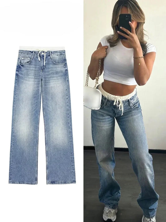 Women Fashion Patchwork Denim Broek Veters Rits Fly Jeans Broekzakken Dames Casual Mid Taille Broek Met Rechte Pijpen