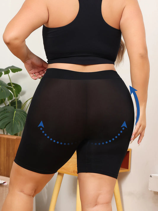 Plus-size women's shorts with tummy control and butt-lifting features to prevent exposure and provide safety shorts.